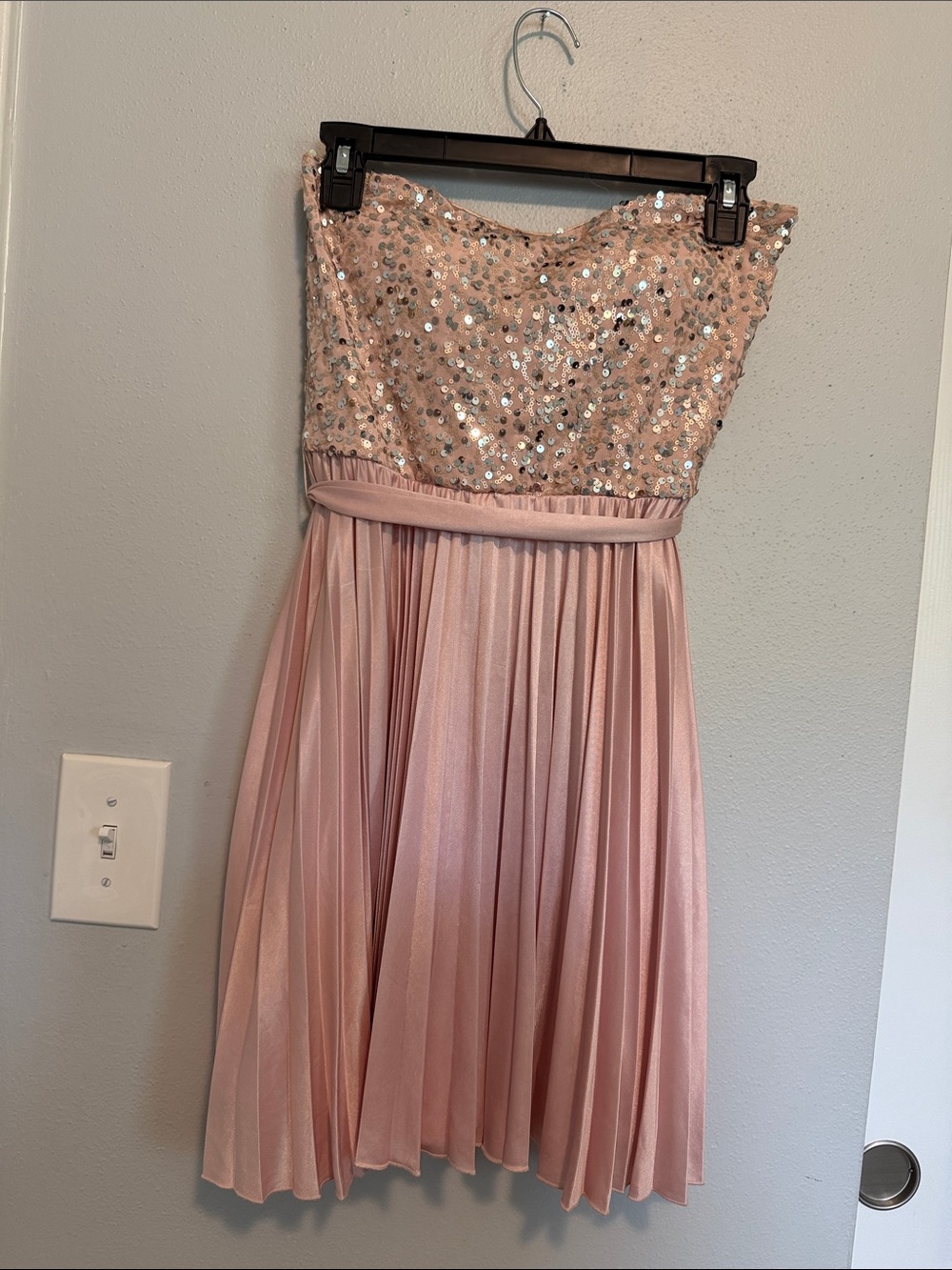 As U Wish Strapless Sequin Bodice Pleated Pink Dress
